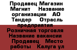 Продавец Магазин “Магнит“ › Название организации ­ АО “Тандер“ › Отрасль предприятия ­ Розничная торговля › Название вакансии ­ Продавец › Место работы ­ Калуга,ул.Никитина,41,стр. 2 › Максимальный оклад ­ 29 000 - Калужская обл., Калуга г. Работа » Вакансии   . Калужская обл.,Калуга г.